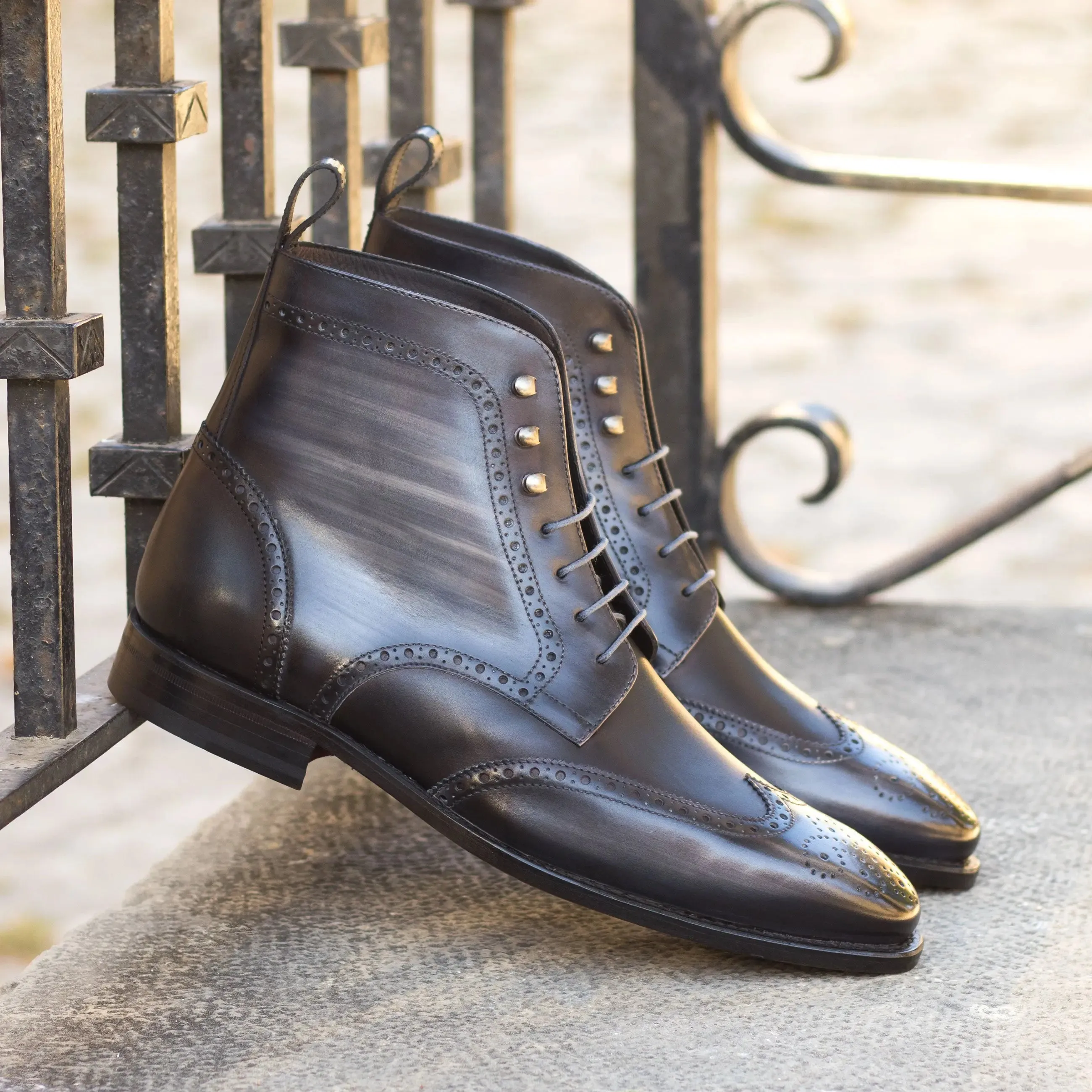 DapperFam Valiant in Grey / Black Men's Italian Leather & Hand-Painted Patina Military Brogue