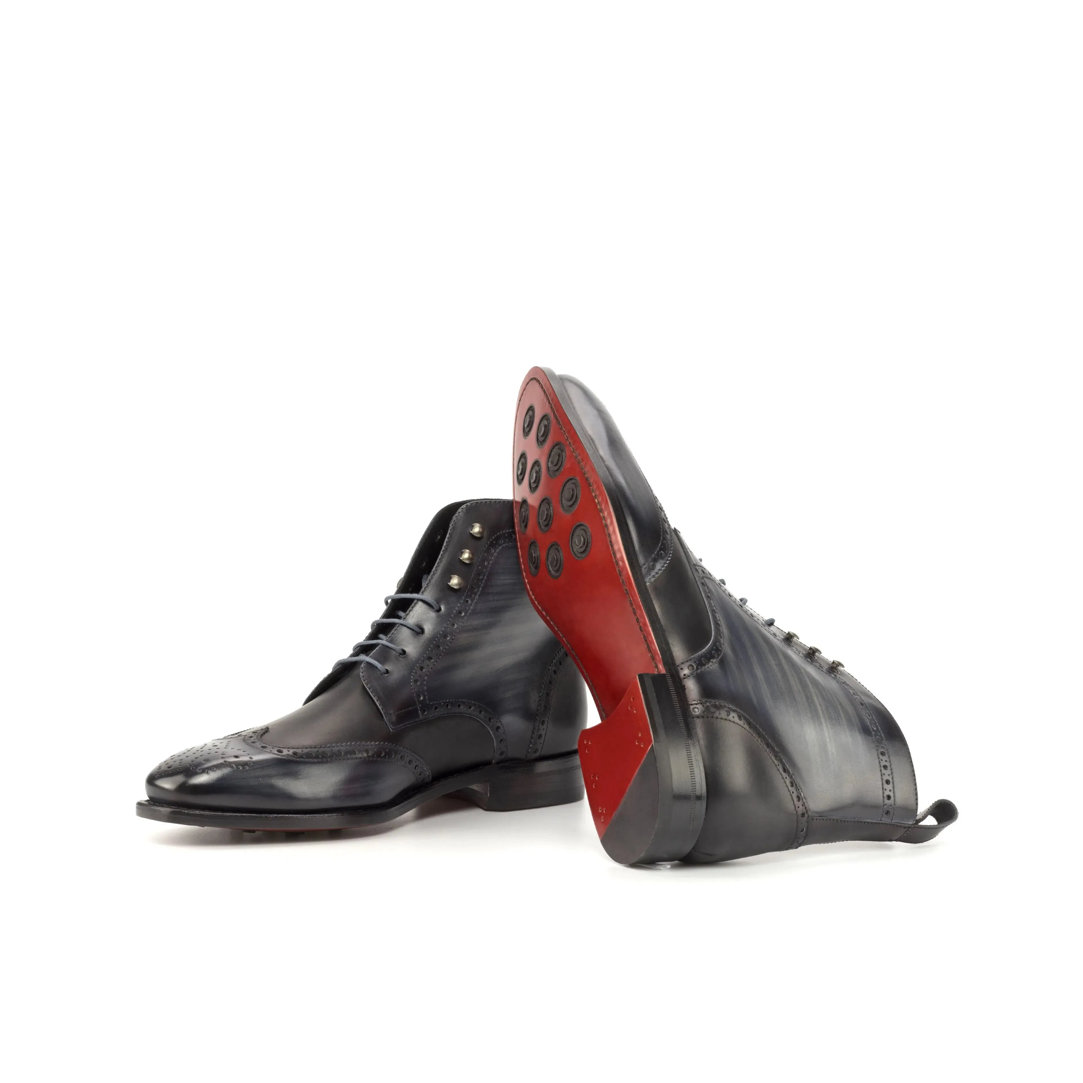 DapperFam Valiant in Grey / Black Men's Italian Leather & Hand-Painted Patina Military Brogue