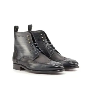 DapperFam Valiant in Grey / Black Men's Italian Leather & Hand-Painted Patina Military Brogue