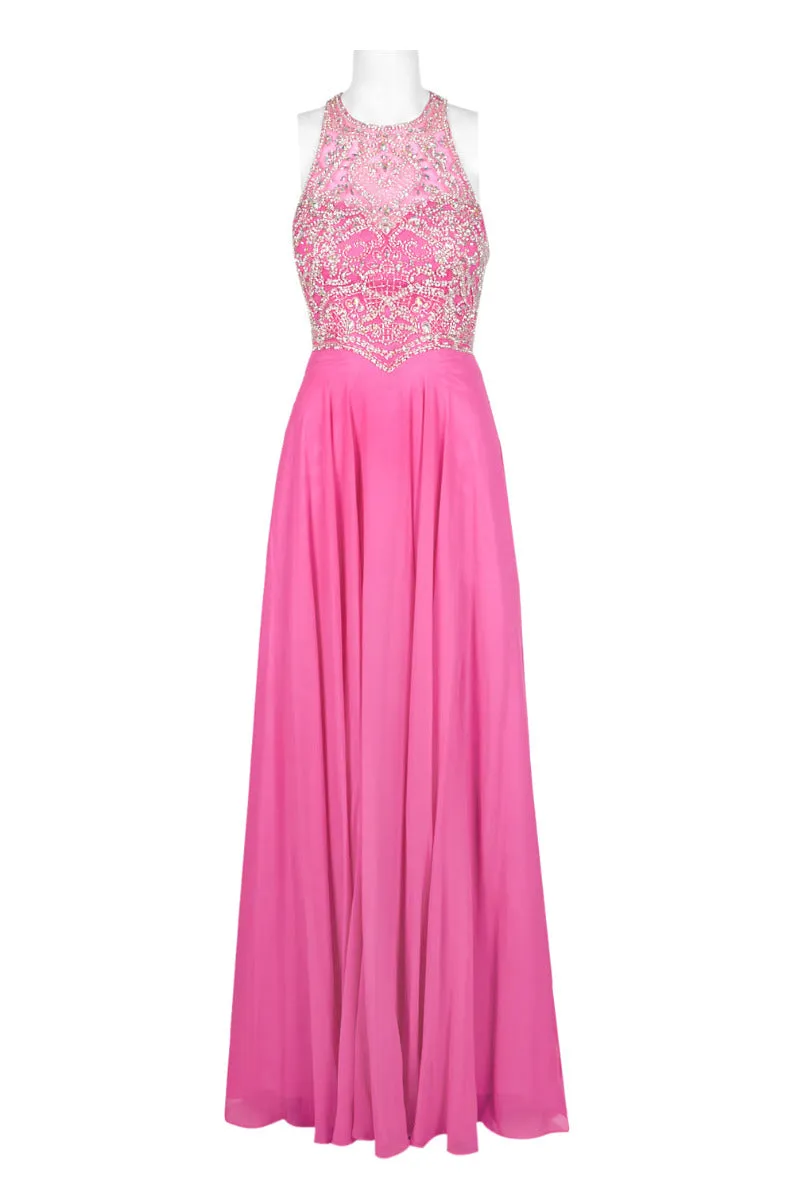Dave & Johnny Halter Neck Cutout Back Embellished Bodice Ruched Mesh Chiffon Dress