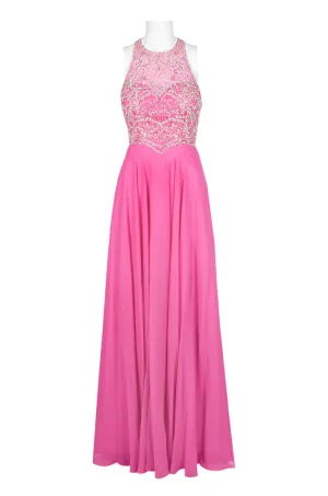 Dave & Johnny Halter Neck Cutout Back Embellished Bodice Ruched Mesh Chiffon Dress