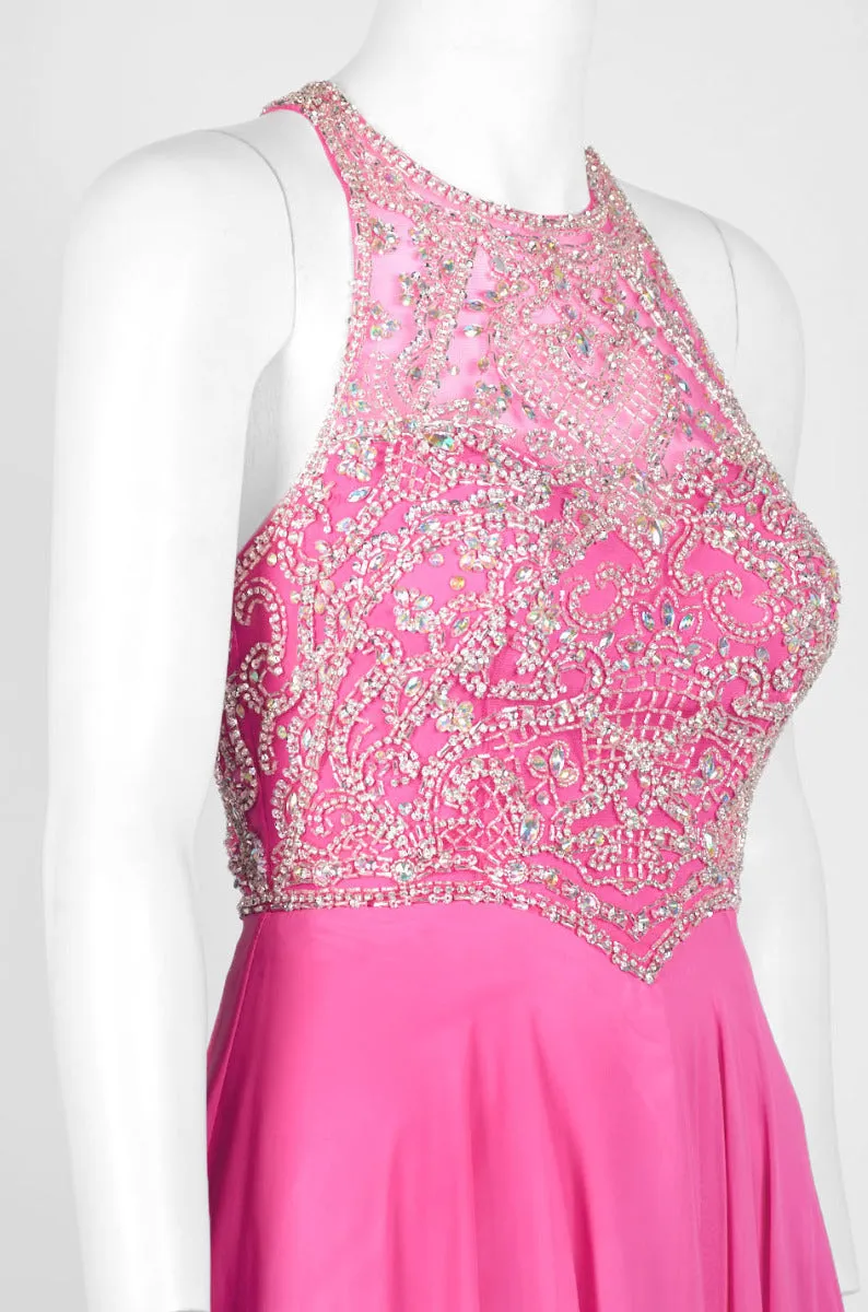 Dave & Johnny Halter Neck Cutout Back Embellished Bodice Ruched Mesh Chiffon Dress