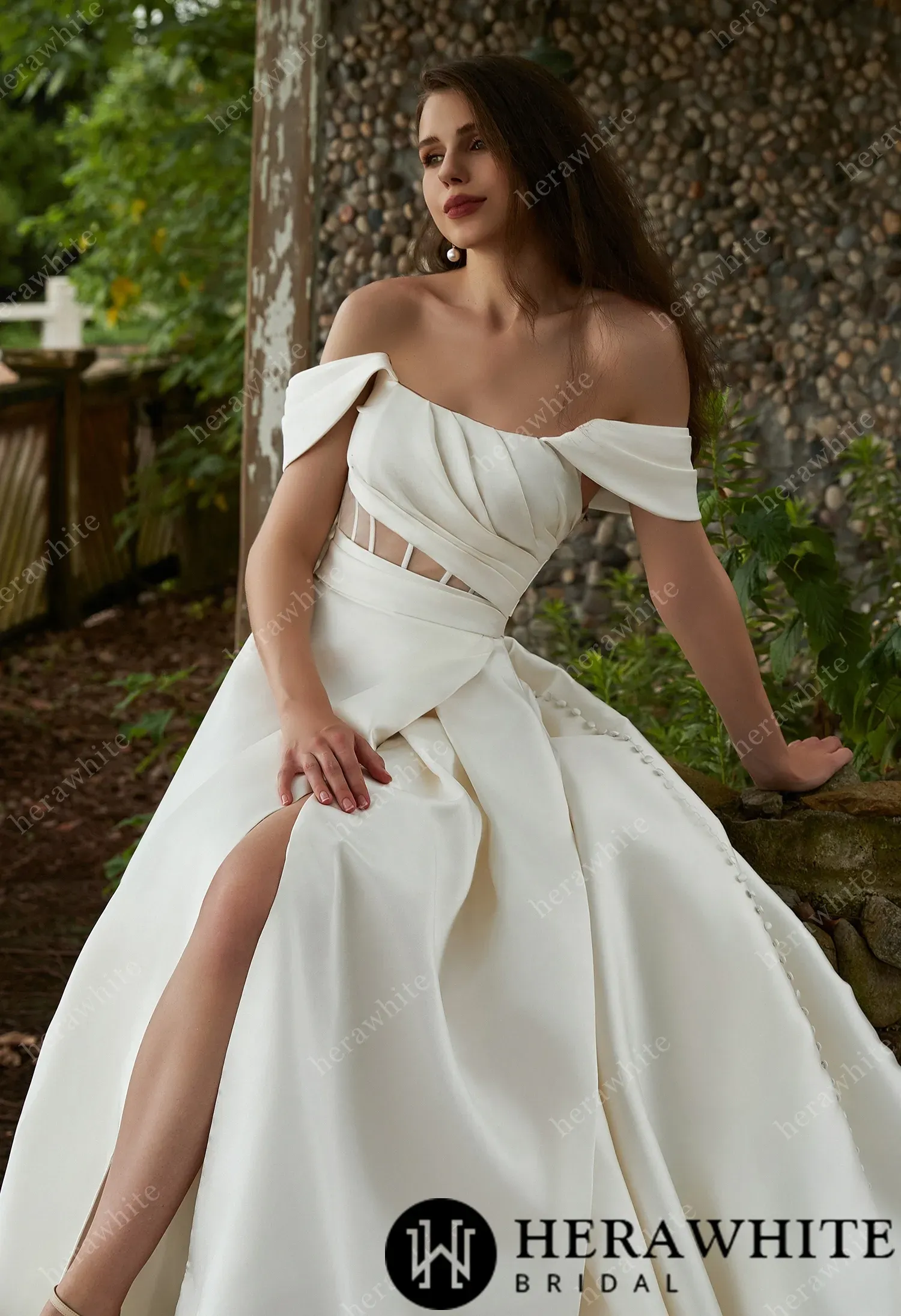 Modern Off Shoulder Grace Slit And Strapless Mikado Wedding Dress