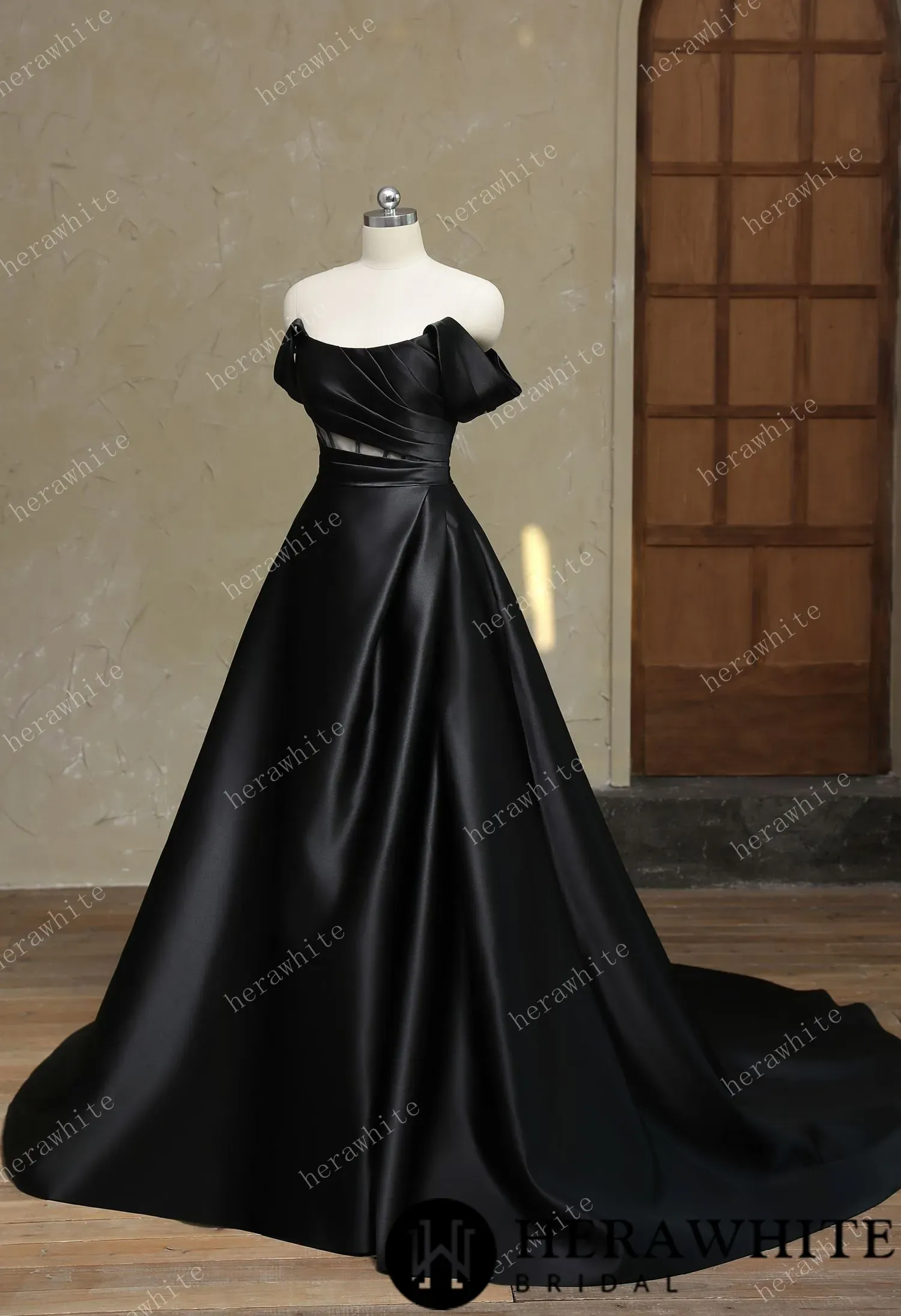 Modern Off Shoulder Grace Slit And Strapless Mikado Wedding Dress
