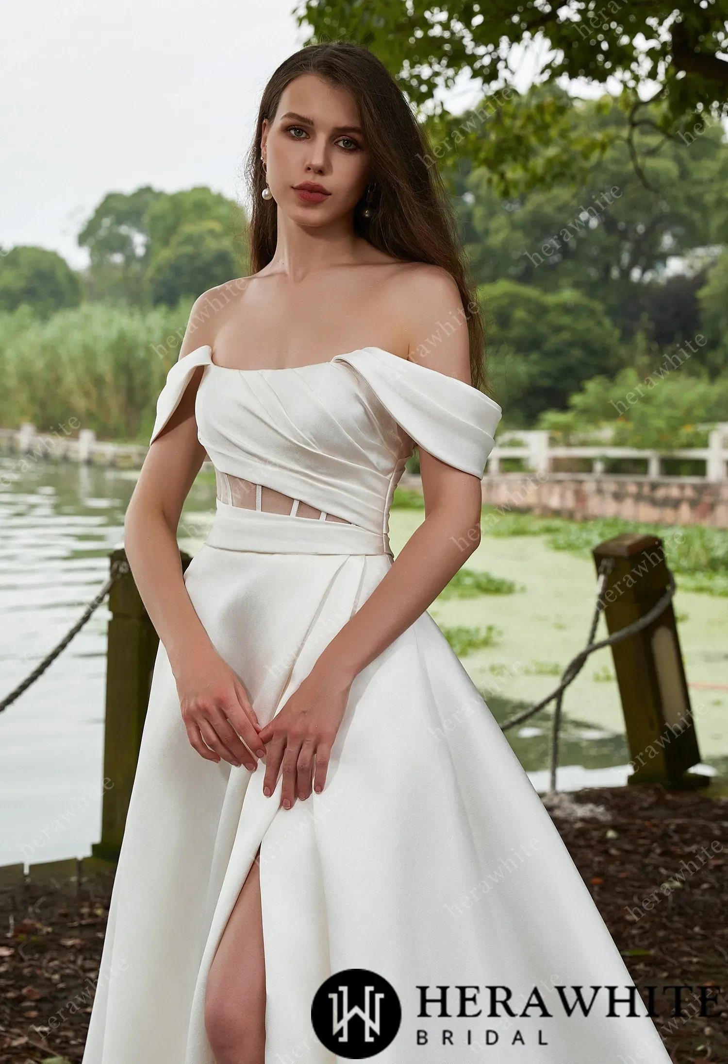 Modern Off Shoulder Grace Slit And Strapless Mikado Wedding Dress