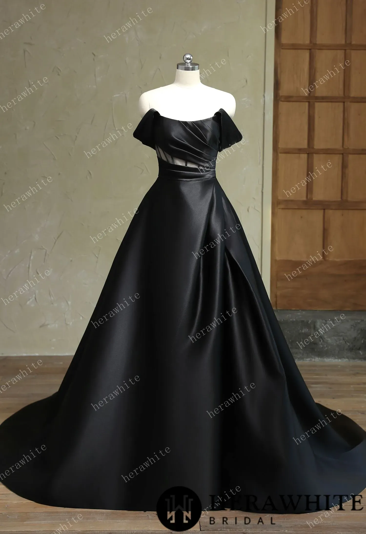 Modern Off Shoulder Grace Slit And Strapless Mikado Wedding Dress