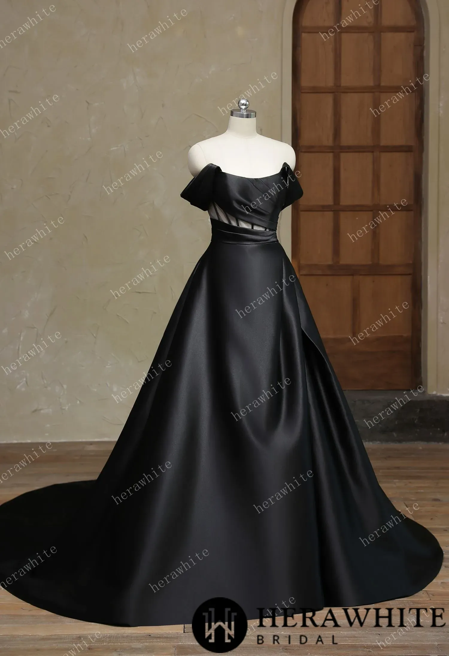 Modern Off Shoulder Grace Slit And Strapless Mikado Wedding Dress
