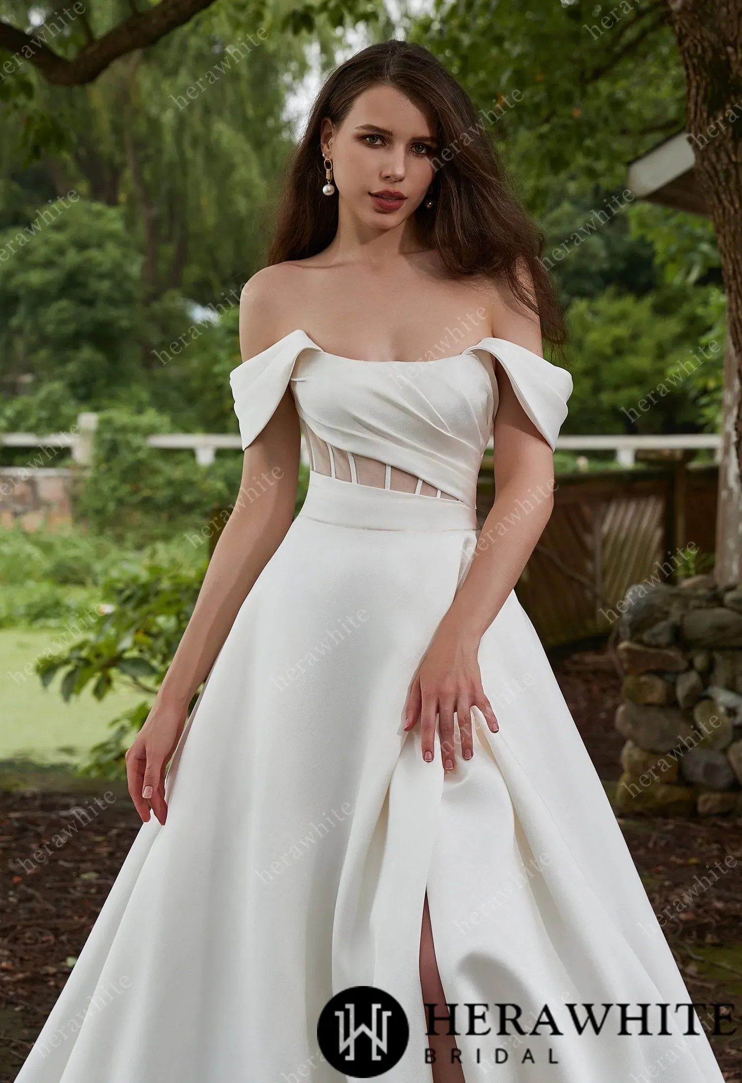 Modern Off Shoulder Grace Slit And Strapless Mikado Wedding Dress