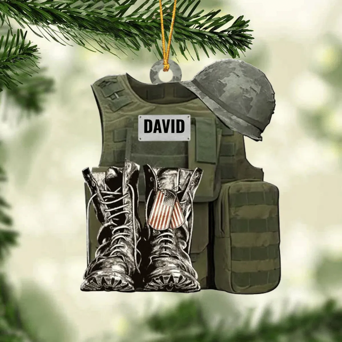 Personalize Military Uniform Boots & Helmet Christmas Ornament, Custom Name Veteran All Part Military Ornament for Dad