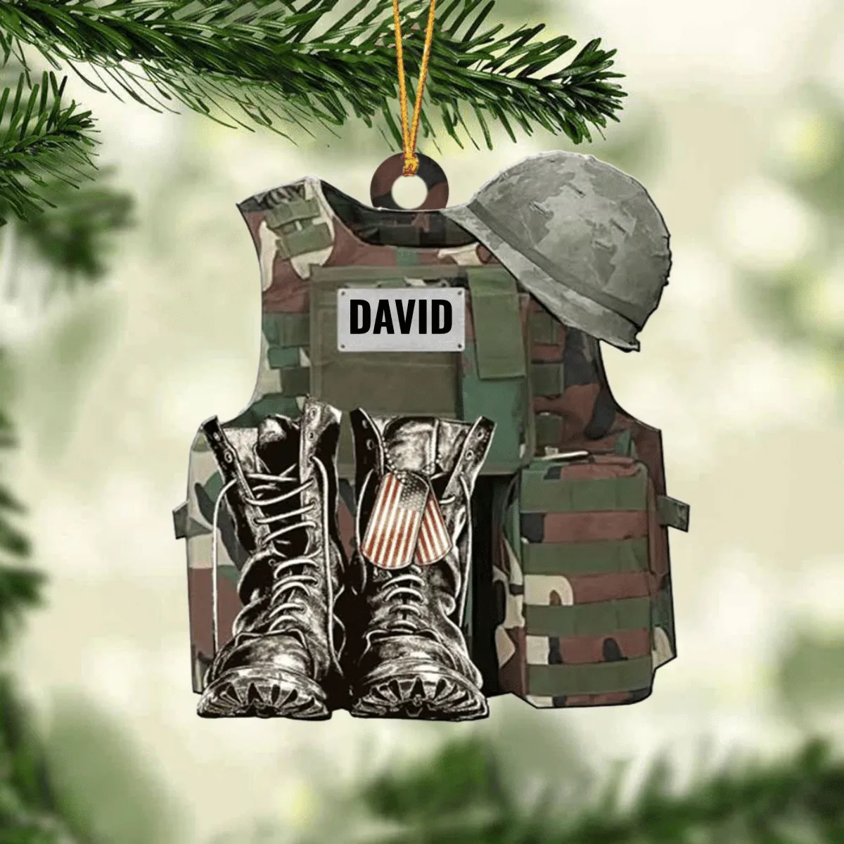 Personalize Military Uniform Boots & Helmet Christmas Ornament, Custom Name Veteran All Part Military Ornament for Dad