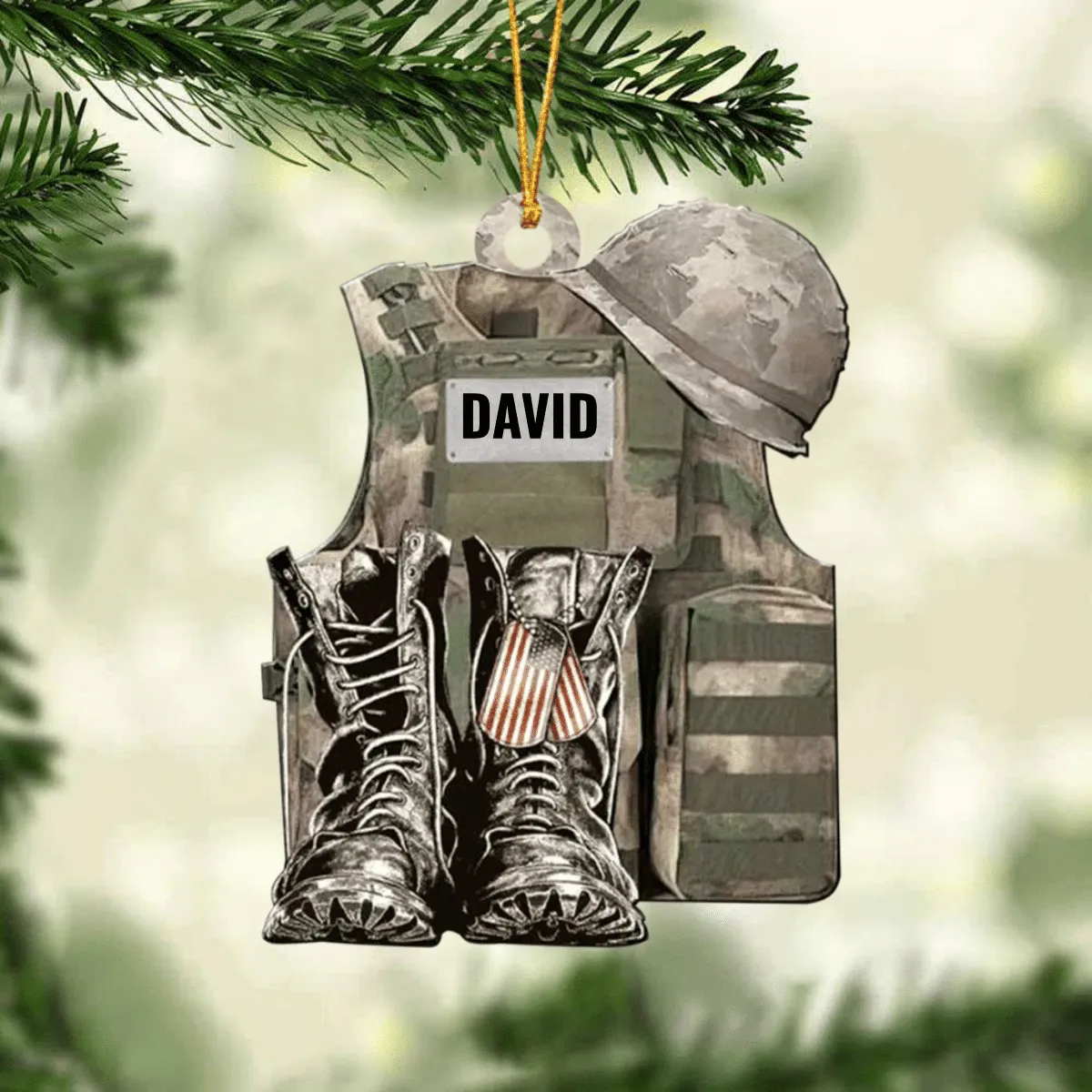 Personalize Military Uniform Boots & Helmet Christmas Ornament, Custom Name Veteran All Part Military Ornament for Dad