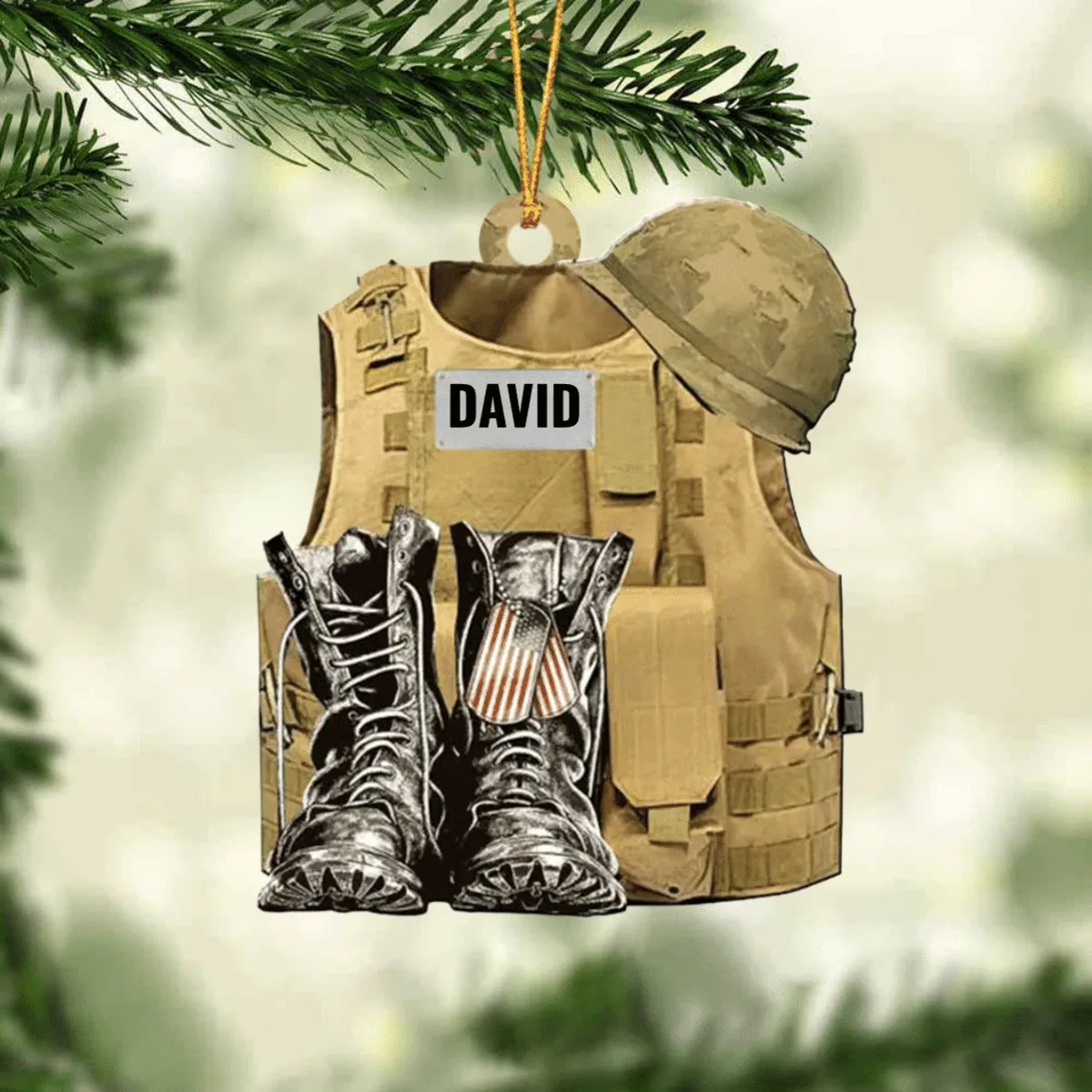Personalize Military Uniform Boots & Helmet Christmas Ornament, Custom Name Veteran All Part Military Ornament for Dad