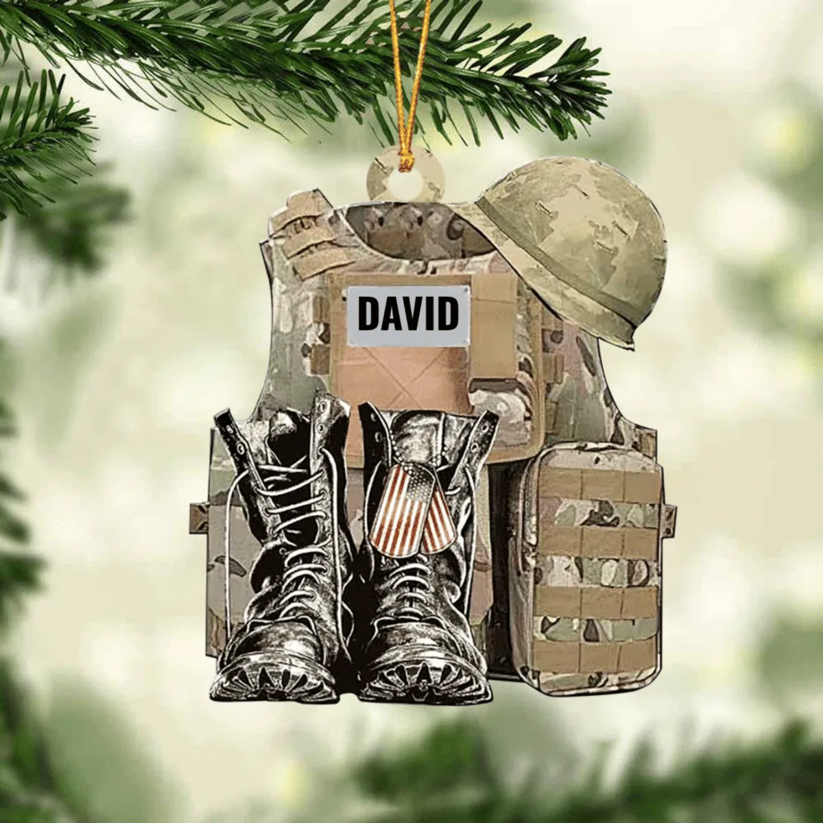 Personalize Military Uniform Boots & Helmet Christmas Ornament, Custom Name Veteran All Part Military Ornament for Dad