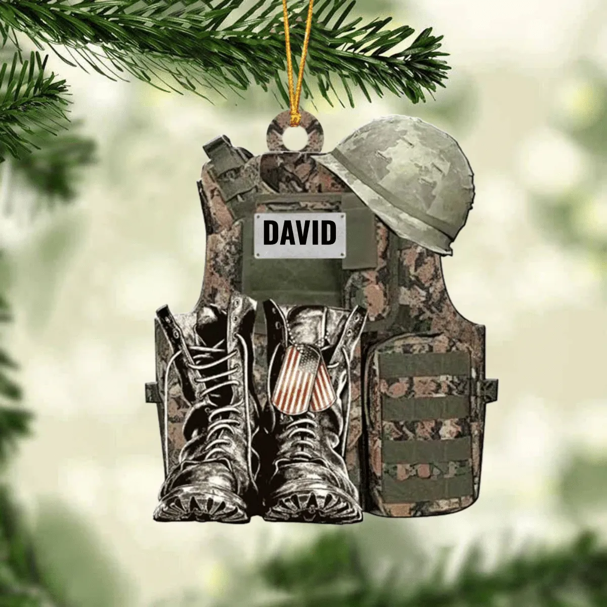 Personalize Military Uniform Boots & Helmet Christmas Ornament, Custom Name Veteran All Part Military Ornament for Dad