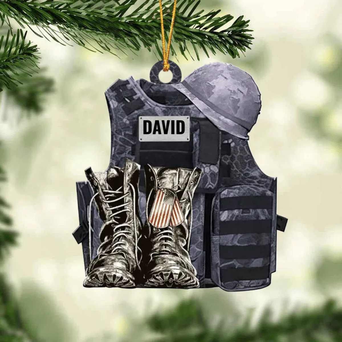 Personalize Military Uniform Boots & Helmet Christmas Ornament, Custom Name Veteran All Part Military Ornament for Dad